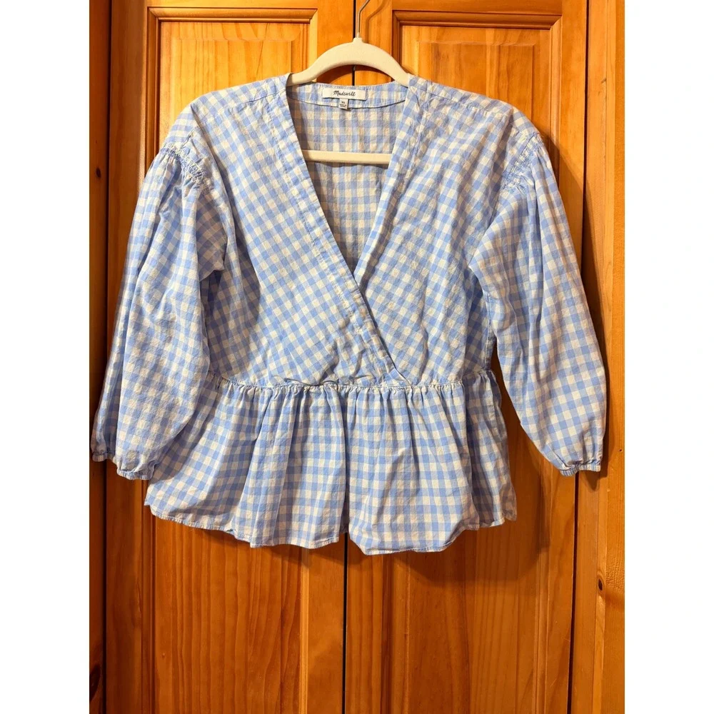 Madewell Gingham Peplum Top XS Blue White Bubble Puff Sleeve Faux Wrap‎ Blouse